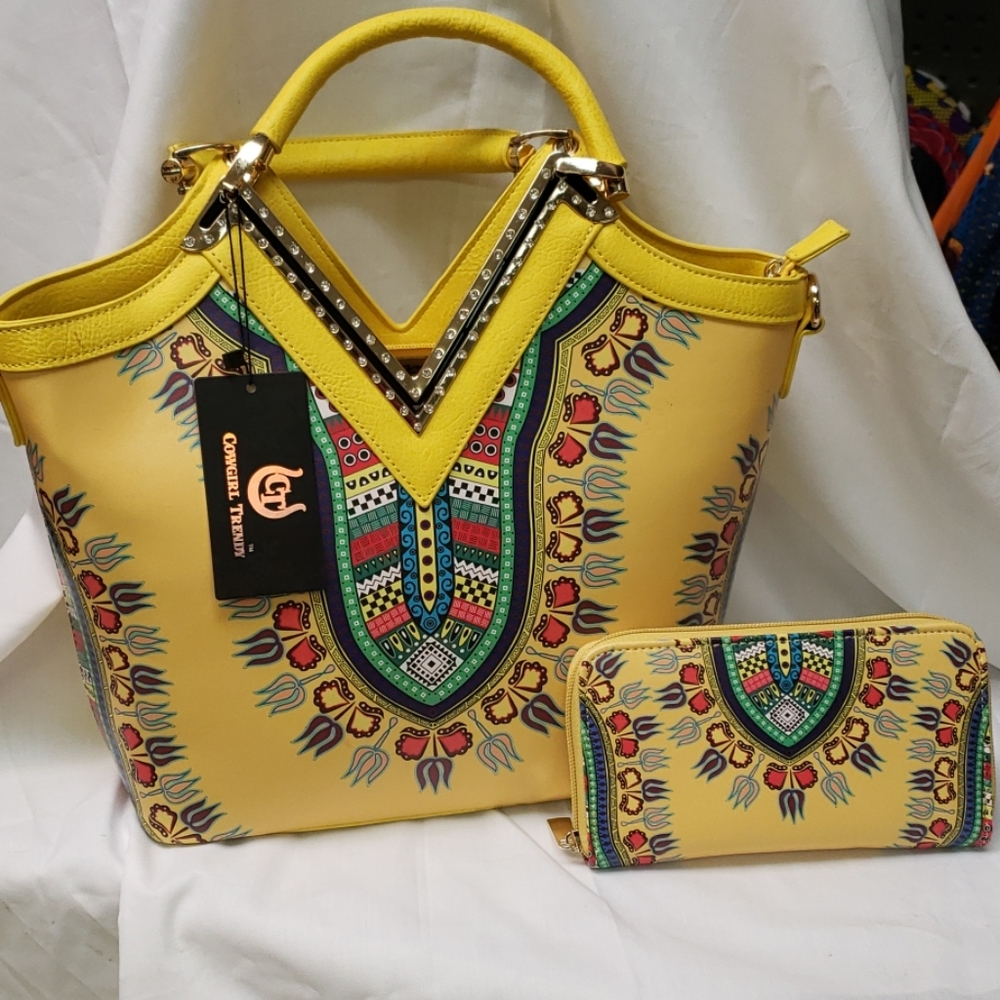 Yellow Dashiki Print Vegan Leather Handbag Set